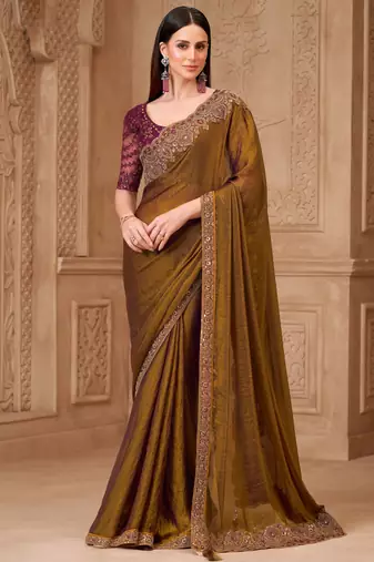 Mehendi satin georgette embroidered saree with unstitched blouse piece