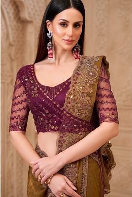 Mehendi satin georgette embroidered saree with unstitched blouse piece 2