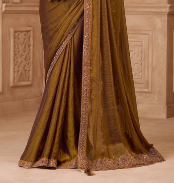 Mehendi satin georgette embroidered saree with unstitched blouse piece 3