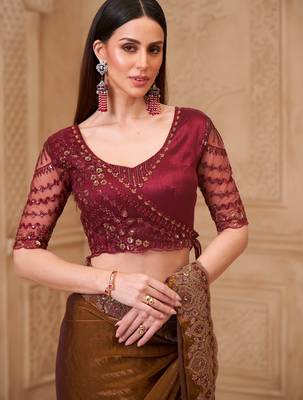 Mehendi satin georgette embroidered saree with unstitched blouse piece 4