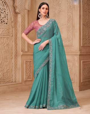 Sea green satin embroidered saree with unstitched blouse piece 1