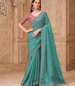 Sea green satin embroidered saree with unstitched blouse piece
