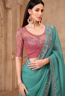 Sea green satin embroidered saree with unstitched blouse piece 2