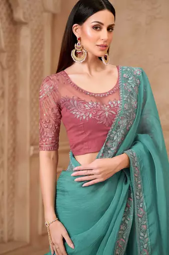 Sea green satin embroidered saree with unstitched blouse piece