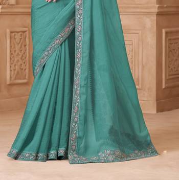 Sea green satin embroidered saree with unstitched blouse piece 3