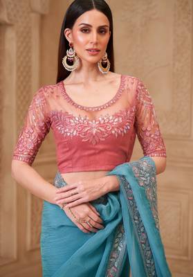 Sea green satin embroidered saree with unstitched blouse piece 4