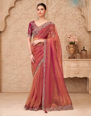 Rust georgette embroidered saree with unstitched blouse piece 1
