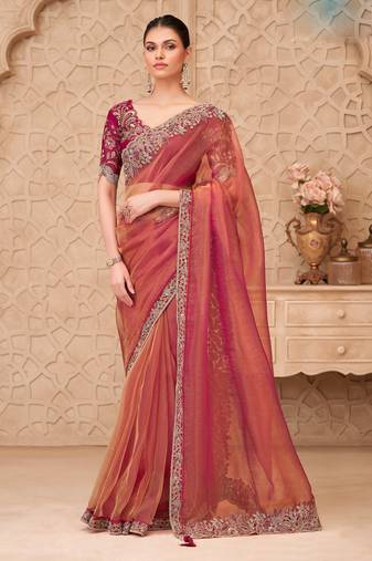 Rust georgette embroidered saree with unstitched blouse piece