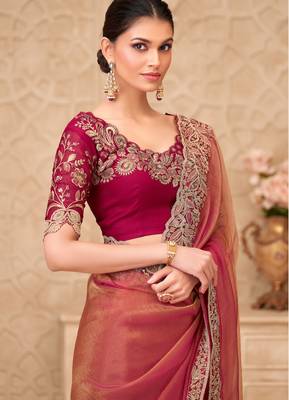 Rust georgette embroidered saree with unstitched blouse piece 2