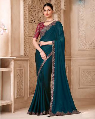 Teal satin georgette embroidered saree with unstitched blouse piece 1