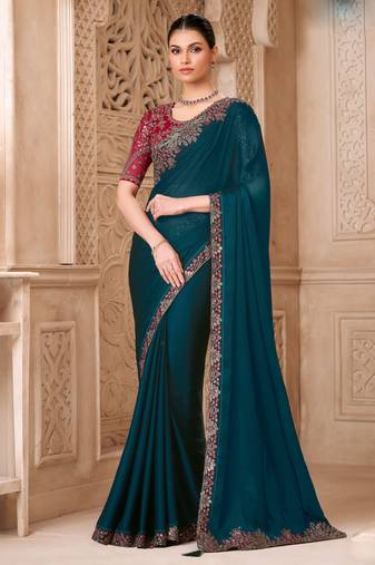 Teal satin georgette embroidered saree with unstitched blouse piece