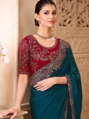Teal satin georgette embroidered saree with unstitched blouse piece 2