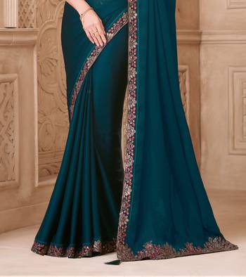 Teal satin georgette embroidered saree with unstitched blouse piece 3