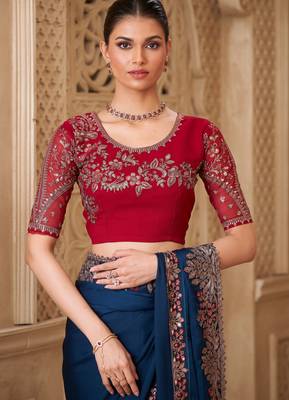 Teal satin georgette embroidered saree with unstitched blouse piece 4