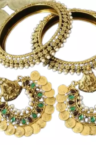 Ram Leela Maroon & Green Colour Earrings with Gold Plated Pearl Bangles