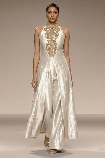 Pearl white embroidered raw silk co ord set