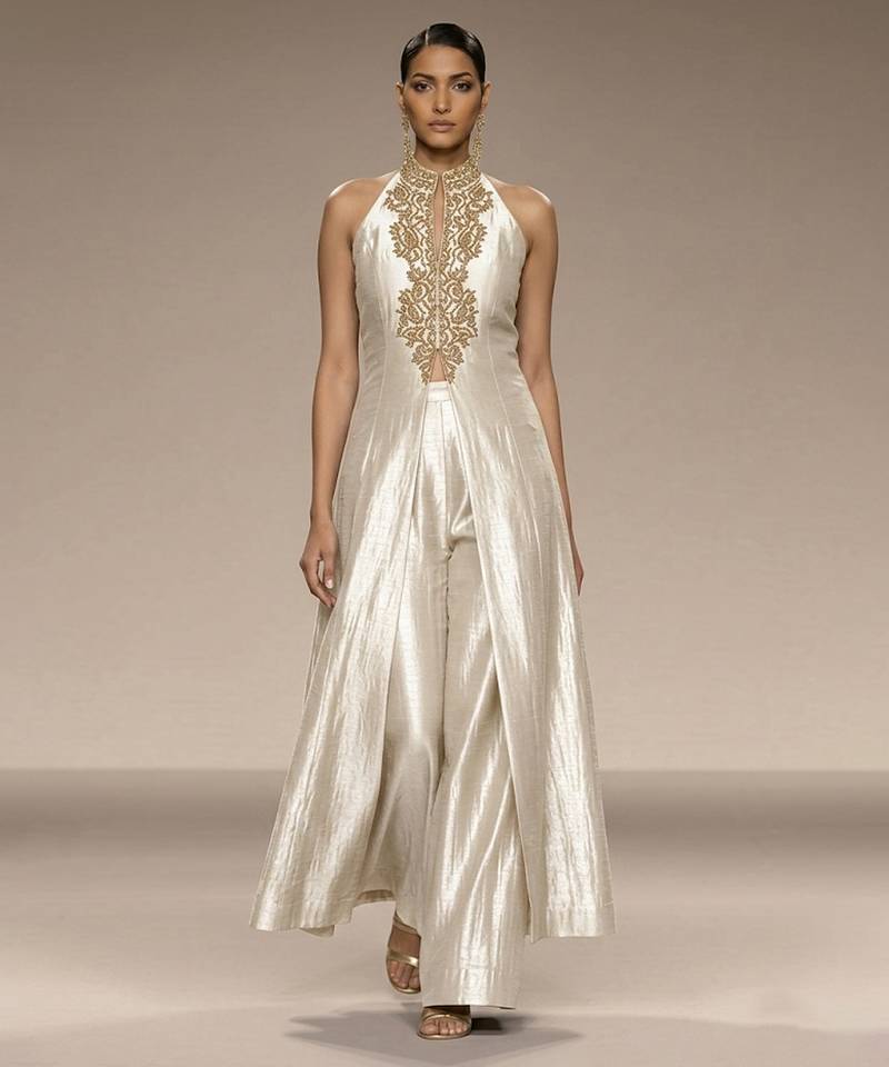Pearl white embroidered raw silk co ord set