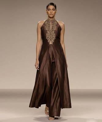 Mocha brown embroidered silk co ord set 1