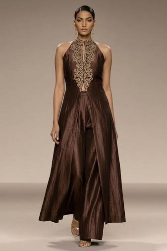 Mocha brown embroidered raw silk co ord set