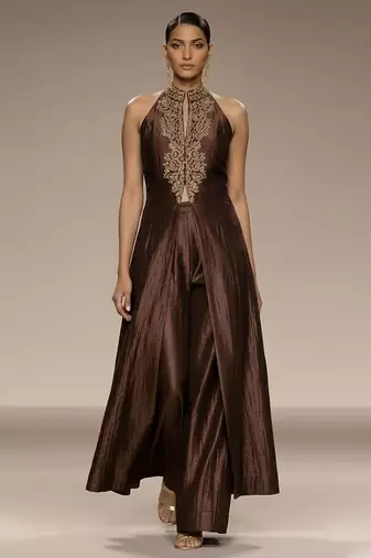 Mocha brown embroidered raw silk co ord set
