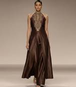 Mocha brown embroidered raw silk co ord set