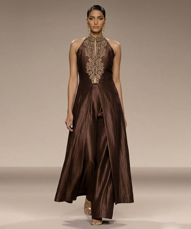 Mocha brown embroidered raw silk co ord set