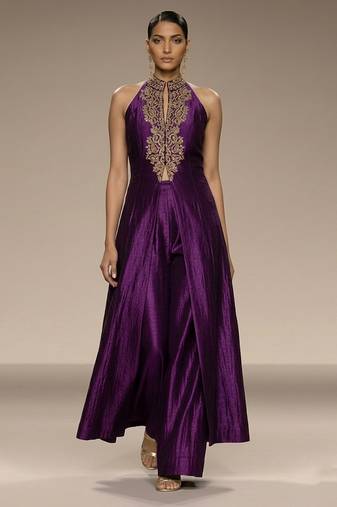 Purple embroidered raw silk co ord set