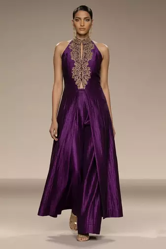 Purple embroidered raw silk co ord set