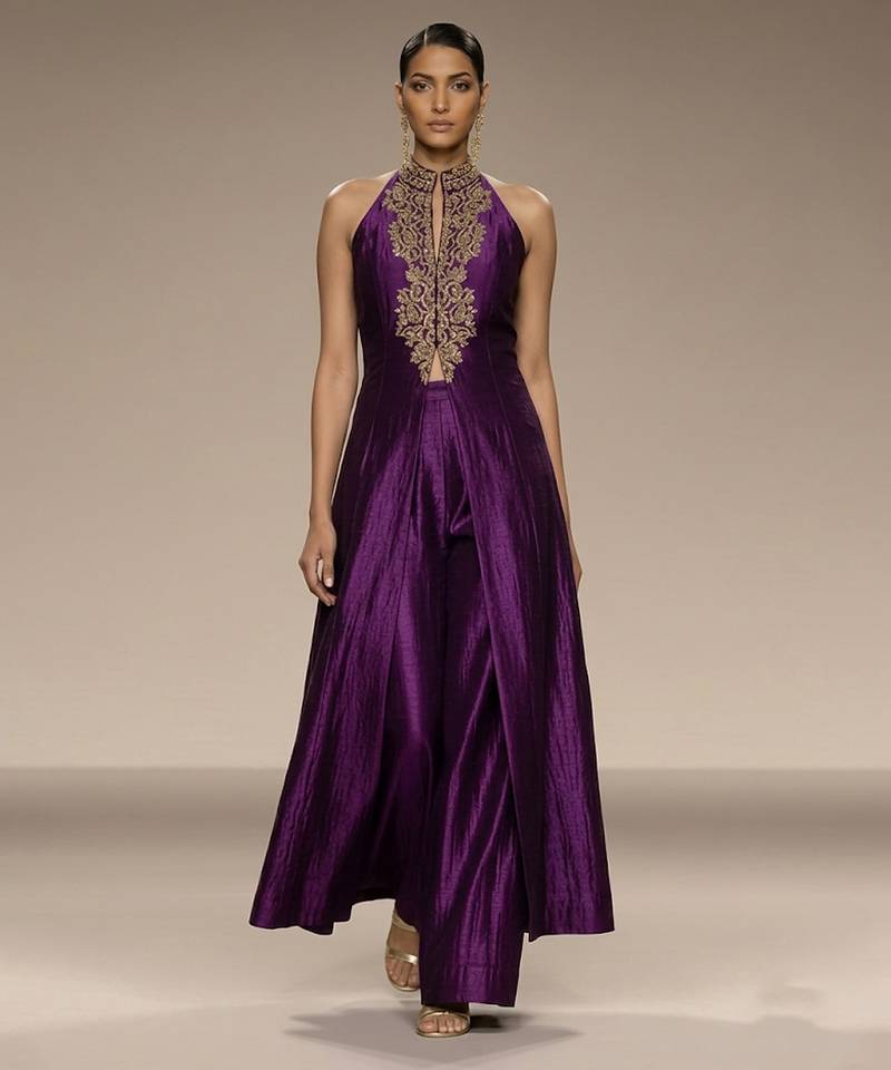 Purple embroidered raw silk co ord set