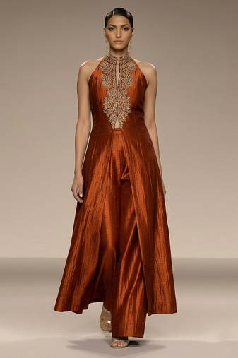 Rust orange embroidered raw silk co ord set