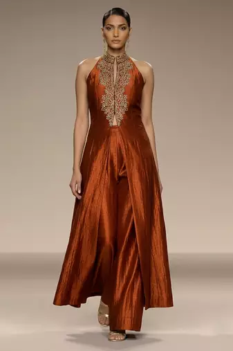 Rust orange embroidered raw silk co ord set