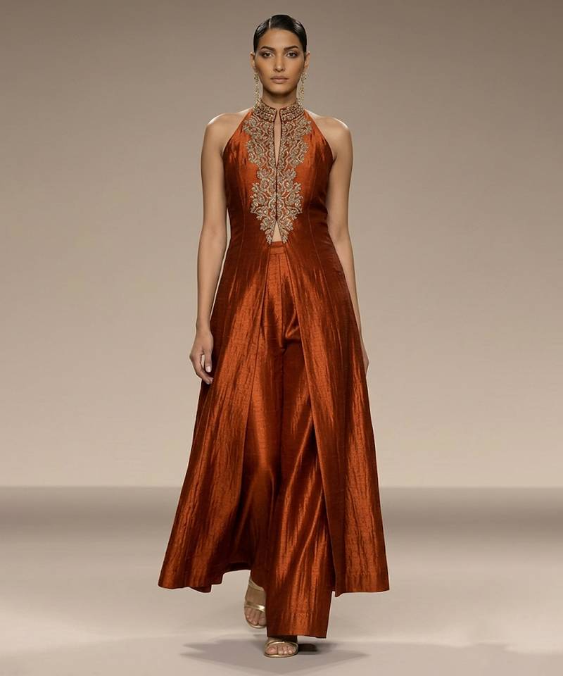 Rust orange embroidered raw silk co ord set