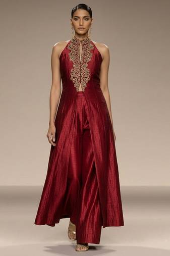 Red embroidered raw silk co ord set