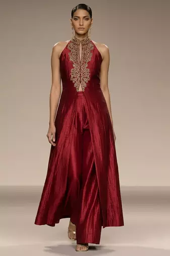 Red embroidered raw silk co ord set