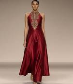 Red embroidered raw silk co ord set