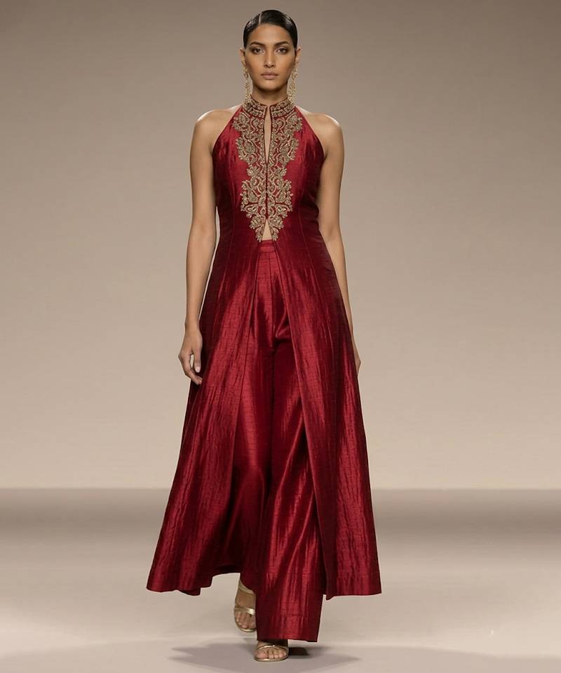 Red embroidered raw silk co ord set