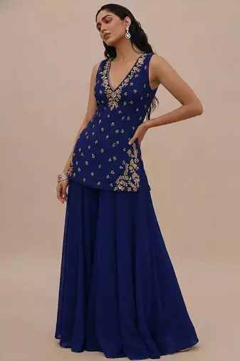 Blue embroidered silk kurta set