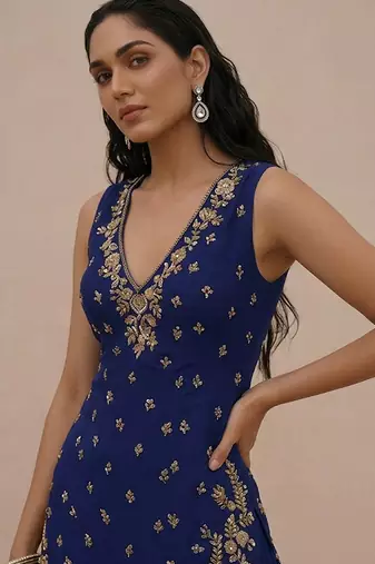 Blue embroidered silk kurta set