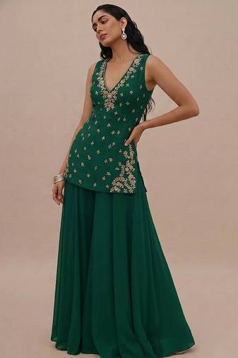 Bottle green embroidered silk kurta set