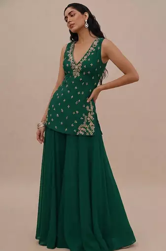 Bottle green embroidered silk kurta set