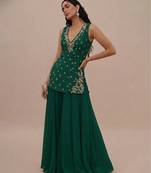 Bottle green embroidered silk kurta set