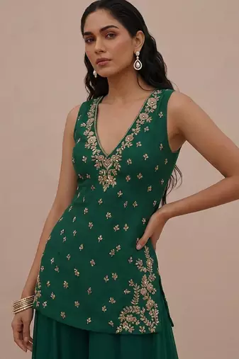Bottle green embroidered silk kurta set