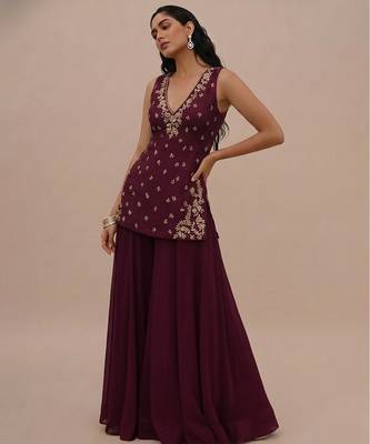 Wine embroidered silk kurta set 1