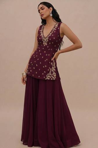 Wine embroidered silk kurta set