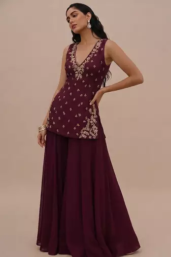 Wine embroidered silk kurta set