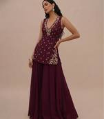 Wine embroidered silk kurta set