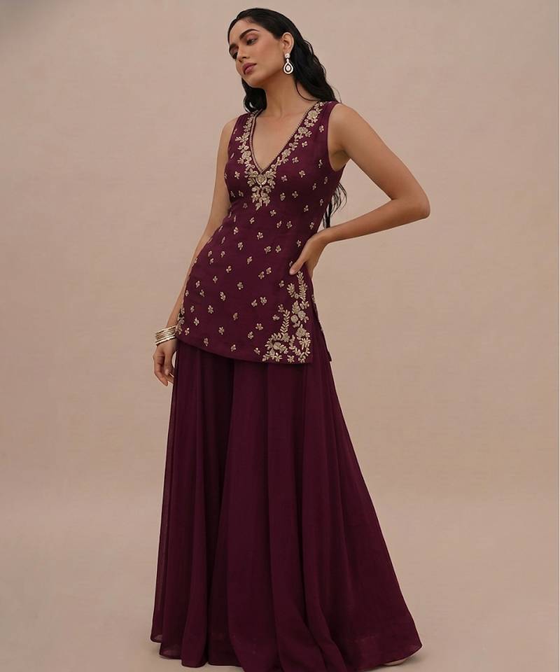 Wine embroidered silk kurta set