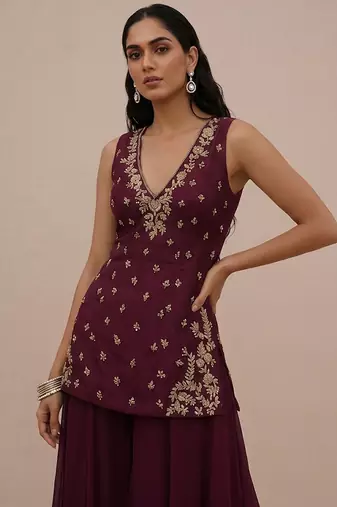 Wine embroidered silk kurta set