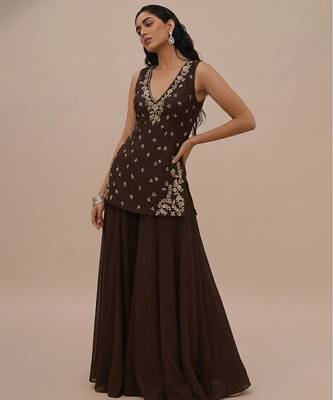 Brown embroidered silk kurta set 1