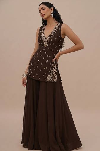 Brown embroidered silk kurta set